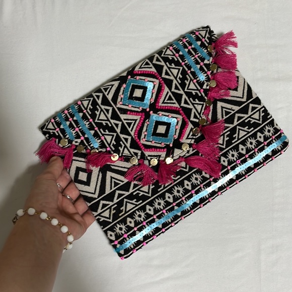Aztec Boho Embellished Beaded Sequin Tassel Cotton Envelope Clutch Purse Bag - Picture 10 of 11